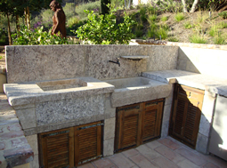 Antique thick Limestone slabs milled at 3" in thickness used as landscaping water channelling, Jacuzzi spa coping and aqueducting bathroom, salvaged from the bottom of farm house foundations